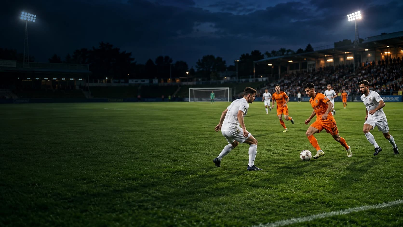 Football match under floodlights, with player and ball detection overlays